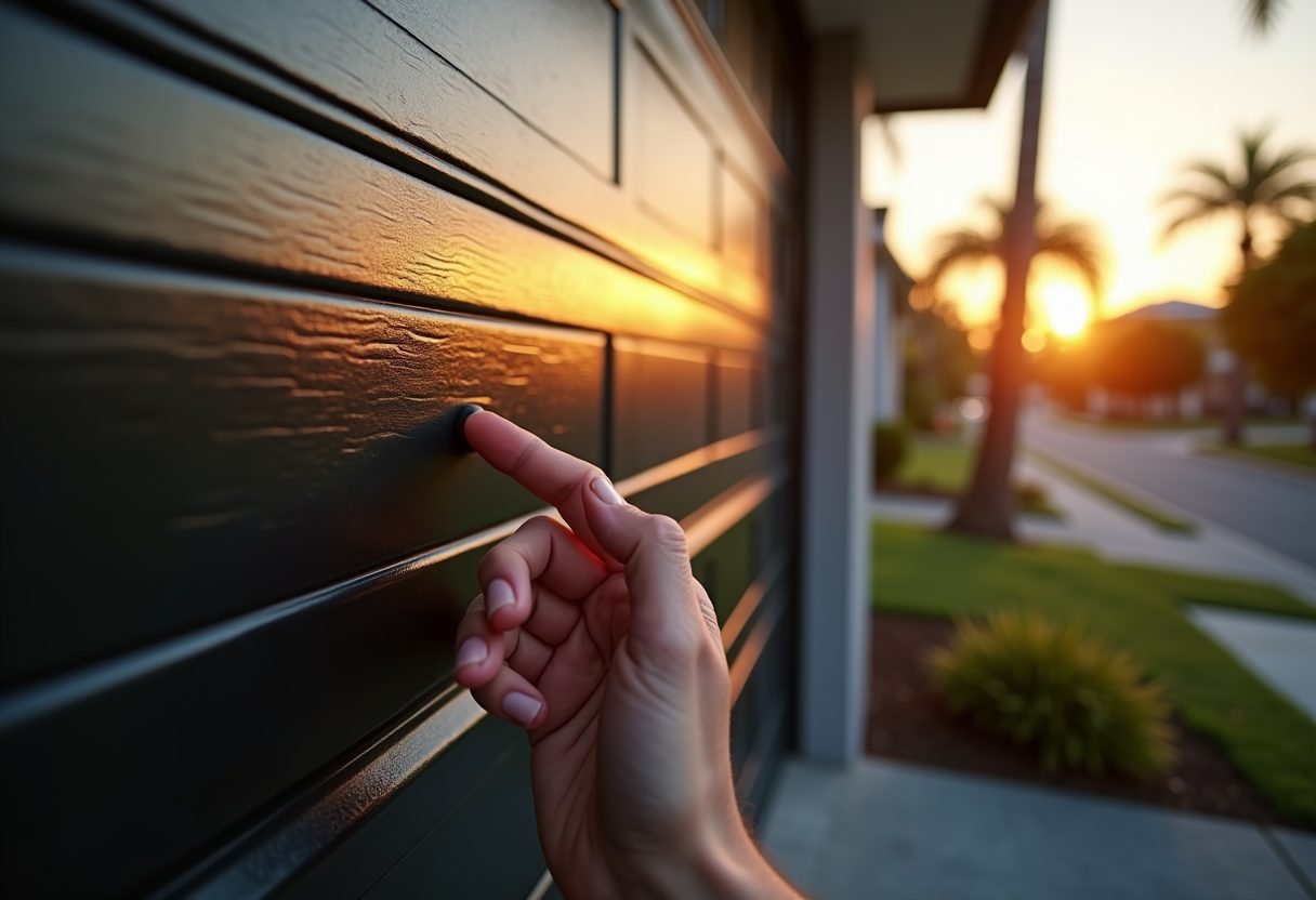 Phone app opening a garage door at dusk